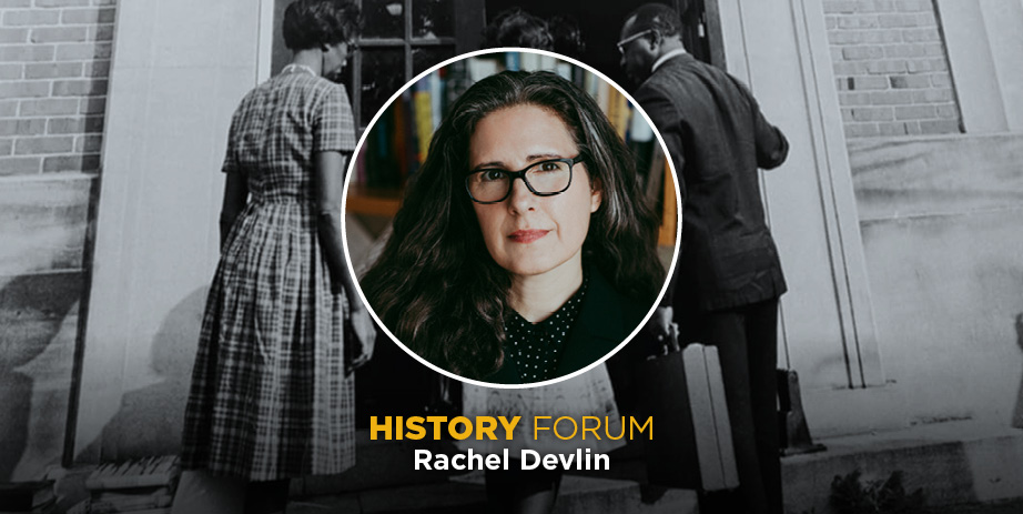 Author photo in front of historic photo