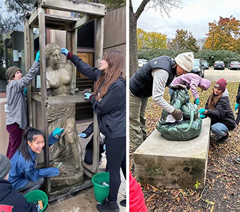 Composite of two photos showing students working on outdoor sculptures-350px